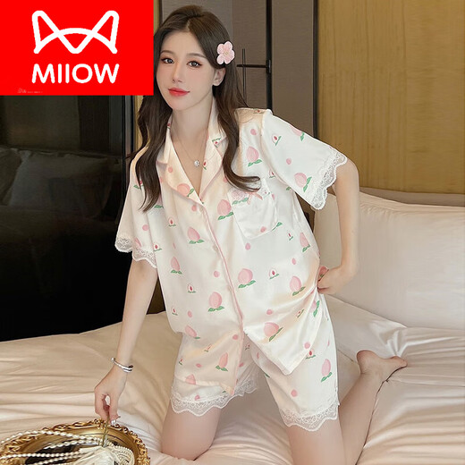 
Catman (MiiOW) ice silk pajamas for women in summer short-sleeved trousers style 2024 new spring and summer thin imitation silk home clothing set FS-9905 peach [short + trousers] M [suitable for 75-95Jin [Jin equals 0.5 kg]]