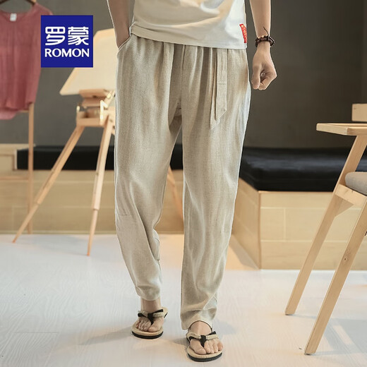 罗蒙（ROMON）春秋中国风亚麻裤男薄款宽松休闲裤哈伦裤九分裤棉麻灯笼裤子男士 米白色【腰带款】 M 【参考体重100-120斤】