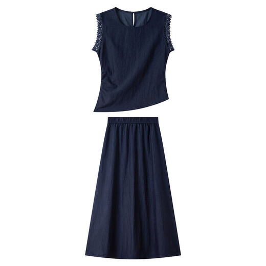 Van Ximan Temperament Einfacher Designanzug Rock für Frauen 2025 Sommer neuer ärmelloser oberer Rock zweiteiliger Set M9882 Universe Dark Blue XL