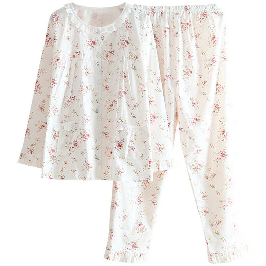 Wuyin Workshop Wuyin Ausgezeichneter japanischer Baumwoll -Pyjamas für Frauen im Frühling und Sommer dünne lange Ärmel frisch floral gewebtes reines Baumwoll Muji Weiß 6636 Zitrone M.
