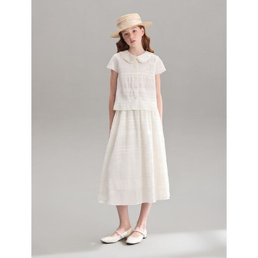 ELLE KIDS children's clothing floral jacquard short-sleeved shirt girls summer new French elegant resort style top pearl white 165 (M)