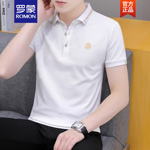 Romon Ice Seide Baumwolle kurzärmeligte T-Shirt-Hemd-Hemd-Top Herren-Lampe Polo-Hemd halbe Ärmeln Jugend Sommer neuer Stil 681 Rauchgrau M.