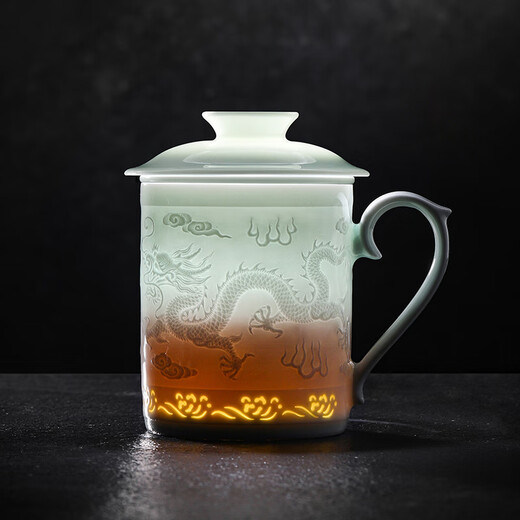 Jingdezhen (jdz) Ceramic Shadow Green Office Cup Home Large Capacity Tea Cup Tea Water Separation Tea Cup Water Cup Birthday Gift for Men Dragon and Phoenix Chengxiang Exquisite Office Cup