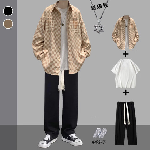 Rongxitu Khaki Jacke Checkerboard Shirt Herren hübsches fünfteilige Set-Feder- und Herbst-neue Style-Karte 684+Weiße Kurzärmel+graue große Seilhosen+Halskette+Socken M Qualität höher als Peers
