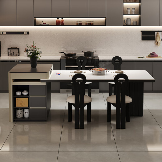 Xinyi modern simple light luxury style slate island dining table household one-piece retractable multi-functional island solid wood dining table retractable island (including cabinet) + horn chair*6 1.6m (orbital socket) double hole tea stove