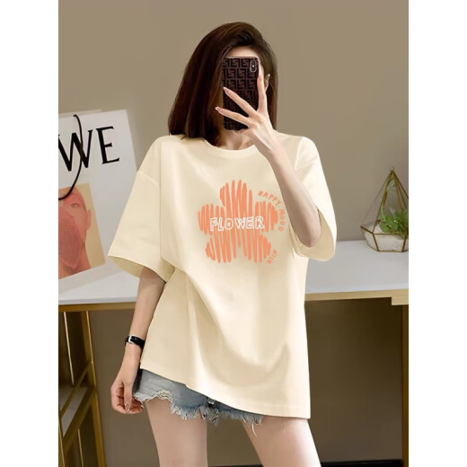 Con la versión coreana pura de la camiseta de algodón puro de algodón puro de albarico fatoso para mujeres 2025 Nuevo verano de gran tamaño, hombro adelgazante, tapa de mangas a media manga moderna 1047# blanco [algodón puro] m [recomendado 100-120Jin [Jin equivale a 0.5 kg]]