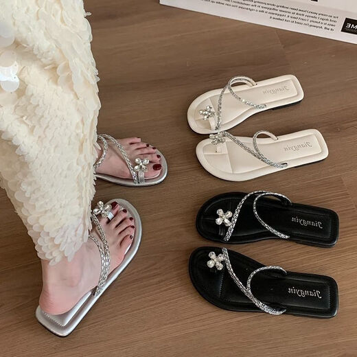 Belle Pedal Toe Fashion et style fée polyvalent à l'extérieur portant des sandales à semelle à semelle antidérapante en strass de couleur solide de tête ronde à tête rond
