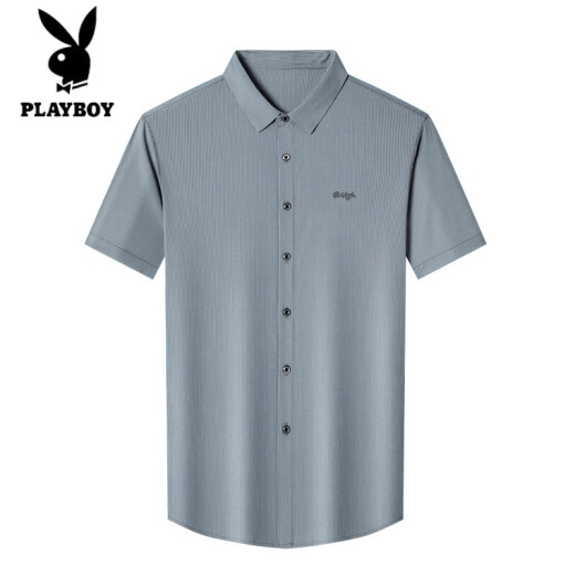 花花公子（PLAYBOY）高档2025夏季新款男士条纹短袖衬衫高端100%桑蚕丝商务休闲衬衣男 ZC2603款-浅灰 2XL 180 【适合体重150-170斤】