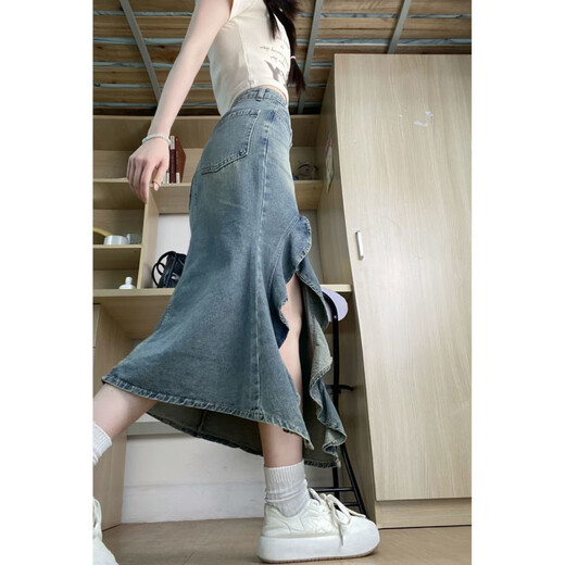 Kang Chuanghuis Sommerhoch Taille Slim Design fühlt wellig geschlitzs unregelmäßiges Jeansrock für Frauen Retro Hip Fish Tail Rock 6189 s [Empfohlen 80-95 Jin [Jin gleich 0,5 kg]]