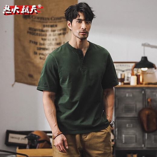 热火朝天美式320g重磅t恤男士短袖polo衫男2025新款宽松硬汉亨利衫体恤男 军绿 XL 适合145-160斤