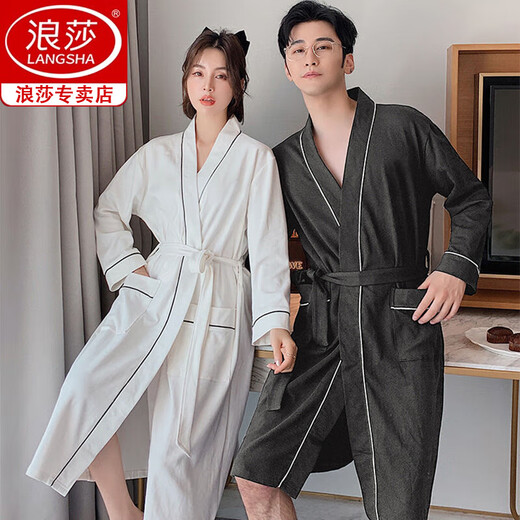 Langsha spring and summer couple nightgown women pure cotton water-absorbing hotel style bathrobe medium long sleeve thin men's large size summer home clothes [men] nightgown long sleeves/723 3XL
