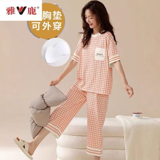雅鹿女士带胸垫一体免文胸睡衣女夏季薄款棉短袖七分裤甜美可外穿套装 带胸垫679巴比熊短袖七分裤 XL 码110-125斤左右
