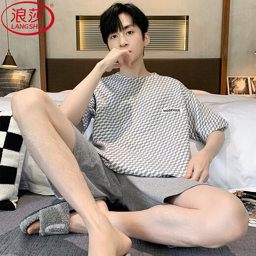 浪莎（LangSha）男士睡衣夏季莫代尔棉薄款短袖加大码休闲圆领夏天男式家居服套装 6196灰莫代尔套装初高中生夏季睡衣 L 90-120斤初高中生夏季睡衣