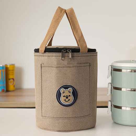 Pu Lian round insulated lunch box bag, aluminum foil thickened handbag, insulated bag with rice bucket for office workers, portable meal bag, round barrel insulated style, bear label denim blue, large size, diameter 23, height 29 cm