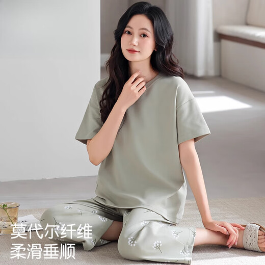 莫代尔睡衣女款夏季莫代尔棉短袖七分裤薄款夏天冰丝凉感大码家居服套装 DM13803 XL (170)：建议120-140斤穿着【
