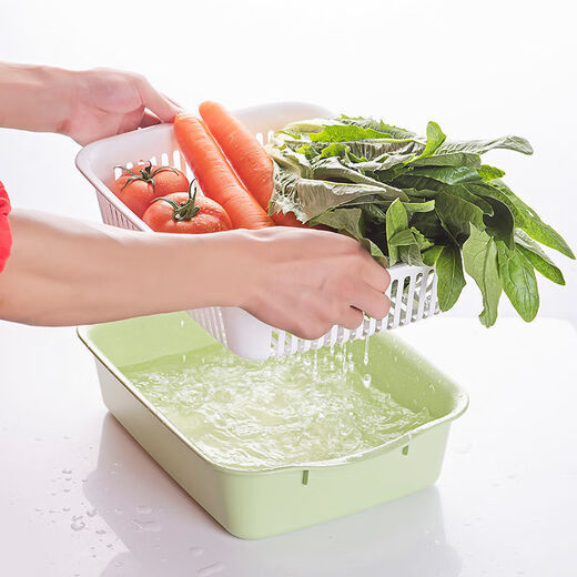 An Junsheng large vegetable washing blue double-layer drain basket fruit basket kitchen household rectangular drain basin plastic bowl and chopsticks drain basket green 34*26*9 cm double layer