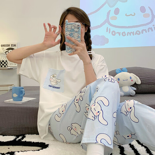 红豆睡衣女2025新款夏季短袖长裤纯棉初中学生女孩大童可爱家居服 6625-桃心小熊--短袖长裤-HZM L 女 ( 高158-162， 95-115斤)