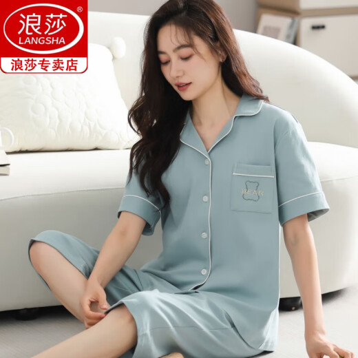 Langsha (langsha) 100% pure cotton pajamas for women in summer short-sleeved cropped pants large-size cardigan for middle-aged and young ladies suits for outdoor wear home clothes n9896 short-sleeved cropped pants cardigan 3XL (160-180Jin [Jin equals 0.5 kg])