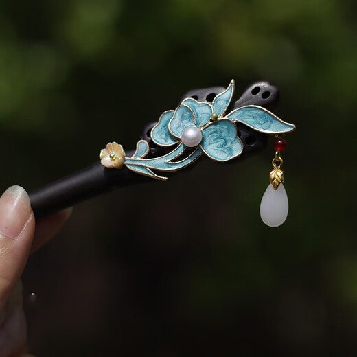 Kamalun (KAMALUN) new Chinese style hairpin for women, antique style imitation dotted green burnt blue butterfly double-sided high-end Hanfu hair accessories step sandalwood hairpin Xiangyun butterfly burnt blue + boutique gift box