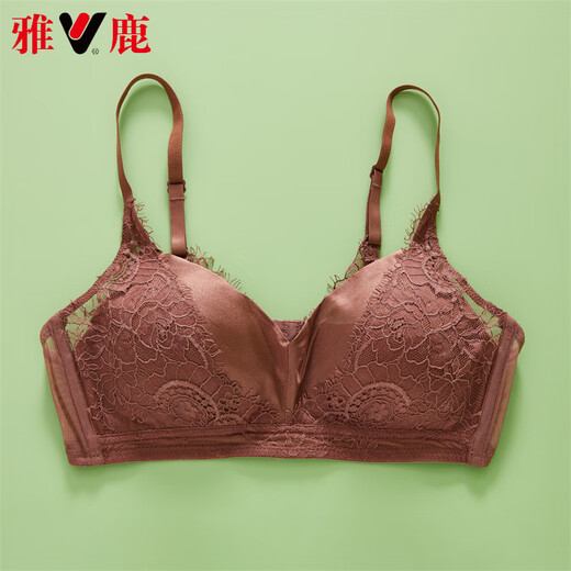 雅鹿高档真丝缎面三角杯文胸罩女桑蚕丝性感蕾丝聚拢舒适内衣无钢圈薄 焦糖色 M