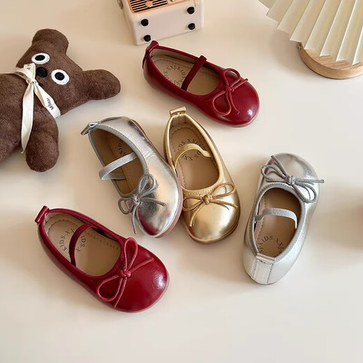 Ershanji 2025 Spring and Summer New Girls' Leather Shoes with Bow Knot Children's Shoes Little Girls Princess Shoes Soft Sole Peas Shoes Shallow Mouth Single Shoes Bow Knot Leather Shoes Wine Red Size 32 Inner Length 19.2cm
