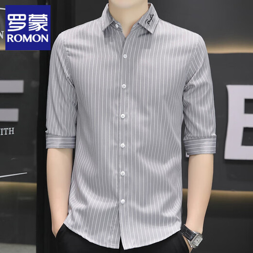 罗蒙（ROMON）夏季冰丝七分袖衬衫男短袖条纹休闲修身男士衬衣潮流中袖寸上衣服 单件682白色 M