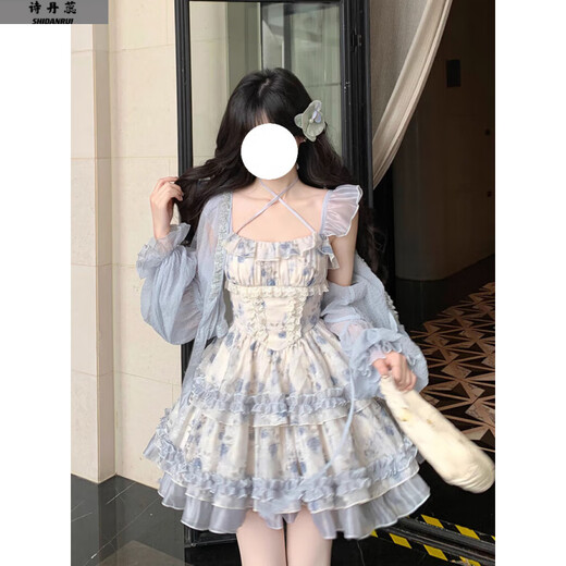 诗丹蕊收腰气质仙女公主裙2025夏季新款蓝色连衣裙高级感蝴蝶结碎花短裙 吊带连衣裙【无开衫】 均码 【可备注码数】