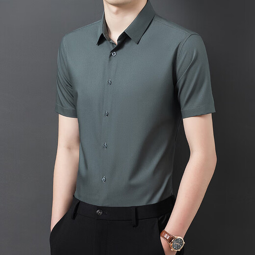 2025 neues Shirt mit kurzärztem Hemd für Herren Sommer Mulberry Silk Casual Business Solid Color Shirt-Sex-Hemd mit mittlerem Alter Roland Grey L 175 Vorschläge [130-150jin [Jin entspricht 0,5 kg]]