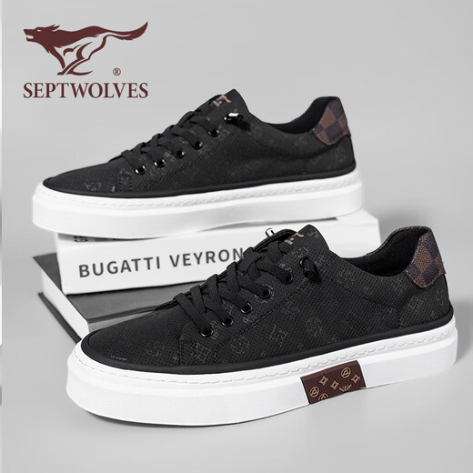 Sieben Wolf -Männerschuhe Sommer 2025 Neue Brettschuhe Herren -Leinwandschuhe Dicke Sohle atmungsaktive Männer lässige Schuhe Vielseitige Männerschuhe flache Schuhe schwarz [atmungsaktives Stil] 42 (260 mm) [Standard Lederschuhgröße]