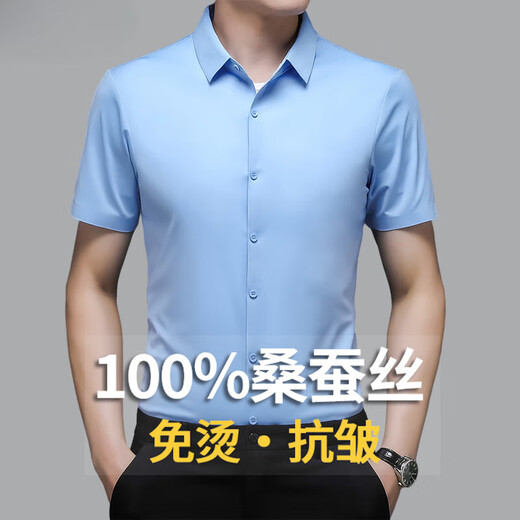 2025新款短袖衬衫男夏季桑蚕丝高端纯色半袖商务休闲男士免烫衬衣 黑色 2XL 180(建议160斤-175斤)