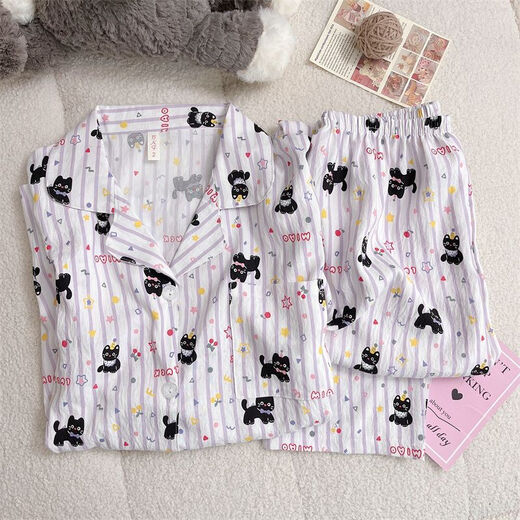 Rongxitu (rongxitu) pijama para mujeres en primavera y otoño dulce caricatura nube de algodón ropa 826# púrpura negro gato 175 l