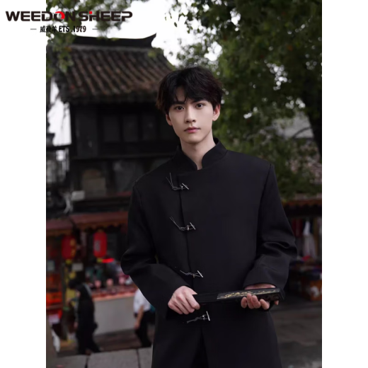 威登羊新中式西装外套男小众设计感中国风西服套装高级感立领上衣中山装 黑外套+白衬衫+西裤【三件 XL