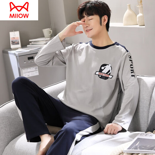Catman (MiiOW) pajamas for men in spring and autumn pure cotton long-sleeved teenagers full-size cotton large-size casual summer thin home clothing set D6621 dark gray fashion pattern men's model M[80-120Jin[Jin equals 0.5 kg]]