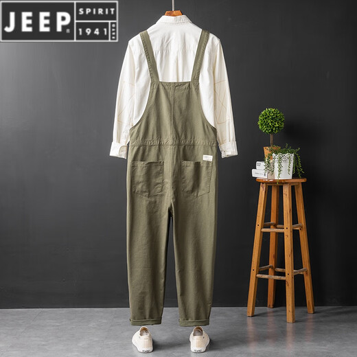 JEEP SPIRIT潮牌直筒休闲工装裤男宽松大口袋机车背带裤男士连体吊带裤 军绿色 S