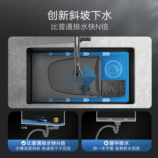 悍高（HIGOLD）水槽厨房侧下水双阶梯手工大单槽洗菜盆洗碗池 680*480-配枪灰雨幕抽拉龙头