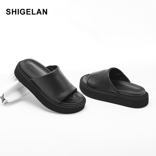 Shigelan 2025 Nouvelles sandales d'été en cuir authentique pour chaussures de plage pour femmes avec des flops antidérapants épaisses et une apparence élevée, noir 36 (petite taille)