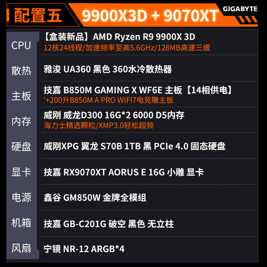 技嘉全家桶 AMD 锐龙R9 9900/9950X3D+5070TI/5080/5090/RX9070XT电竞游戏主机 台式组装电脑 千帧电竞 配置五：9900X3D+RX 9070XT