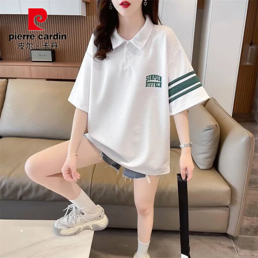 皮尔卡丹夏季新款短袖T恤女POLO领宽松半袖绣花中长款华夫格百搭休闲衣潮 yg-9926灰色 M 【80-110斤】