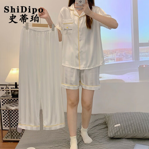 
ShiDipo three-piece ice silk pajamas for women for summer thin 2025 new short-sleeved suit summer imitation silk cool home three-piece set 3887-3 2XL 135-150Jin [Jin equals 0.5 kg]