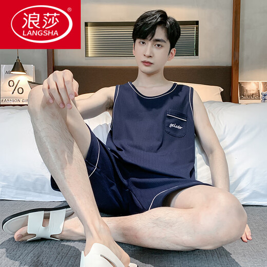 
LangSha pajamas men's summer pure cotton thin 2025 new vest shorts men's home clothing set large size sleeveless summer OMM-13063 L