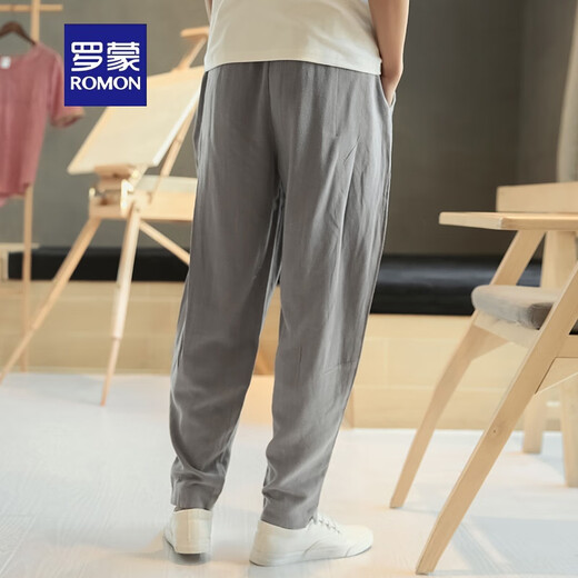 罗蒙（ROMON）春秋中国风亚麻裤男薄款宽松休闲裤哈伦裤九分裤棉麻灯笼裤子男士 米白色【腰带款】 M 【参考体重100-120斤】