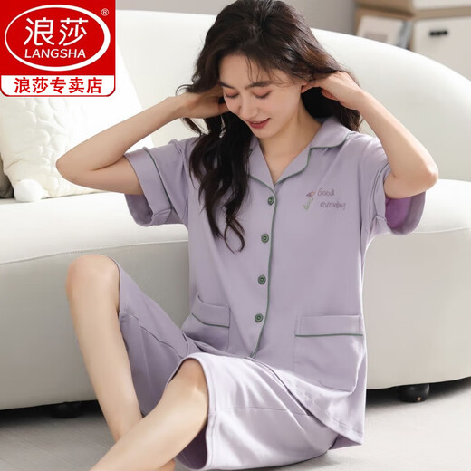 Langsha (langsha) 100% pure cotton pajamas for women in summer short-sleeved cropped pants large-size cardigan for middle-aged and young ladies suits for outdoor wear home clothes n9896 short-sleeved cropped pants cardigan 3XL (160-180Jin [Jin equals 0.5 kg])