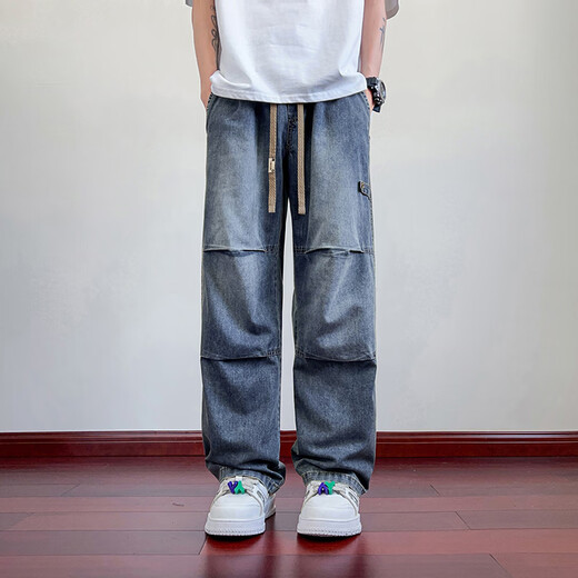 Foss Phil American pleated jeans men's autumn and winter high street loose straight plus velvet casual straight work pants JYF-2583 blue XL recommended 130-145Jin Jin equals 0.5 kg