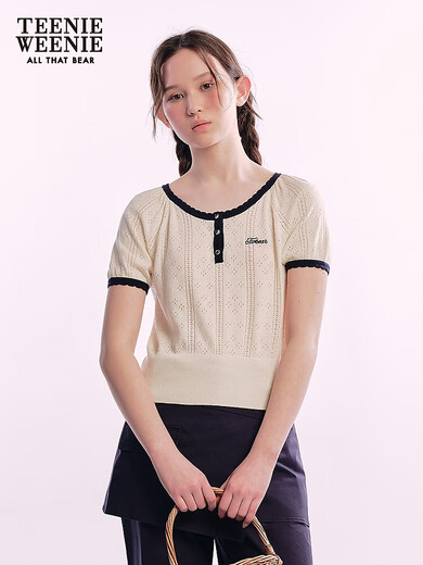 Teenie Weenie小熊女装毛衣2025夏季新款法式甜美少女撞色针织短袖 象牙白 XS 155/XS