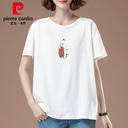 皮尔卡丹胖mm短袖t恤女夏季加大码女装宽松纯棉中年妈妈显瘦薄款百搭上衣 白色【9896款】 棉95%氨纶5% L 100-115斤