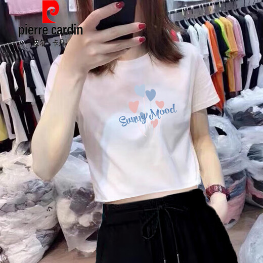 
Pierre cardin 2025 new design niche shoulder short T-shirt for women summer pure short sleeve loose white cotton top KE693 white M