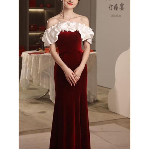 忻萦感赫本风黑色年会晚礼服裙高端轻奢小众鱼尾一字肩绒连衣裙 黑色 S