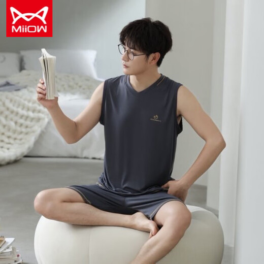 Catman MIIOW vest pajamas men's modal spring and summer round neck sleeveless shorts home clothes loose plus size set two-piece set NJR-12026 [Men's suit] L [Suggested 100-140Jin [Jin equals 0.5 kg]]