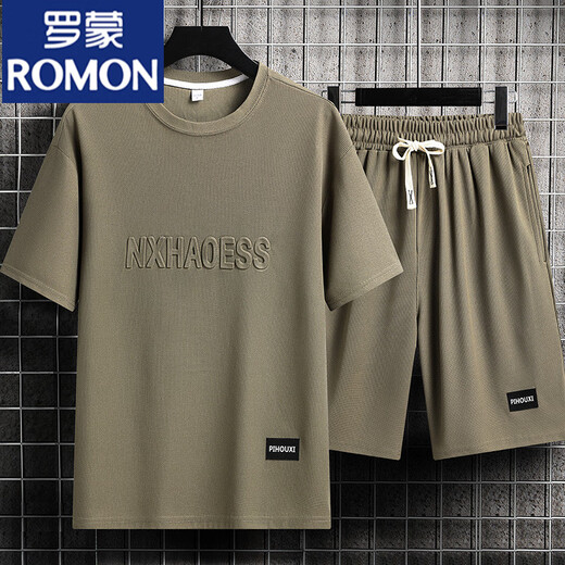 Romon Casual Sports-Anzug Herrenmodemarke Ice Silk T-Shirt Dünne Shorts Großgröße Kurzschlärme gut ausgetauscht mit zweiteiligen Set-TZ829 Khaki [Top + Hosen] 2xl empfohlen 145-165jin [Jin gleich 0,5 kg]