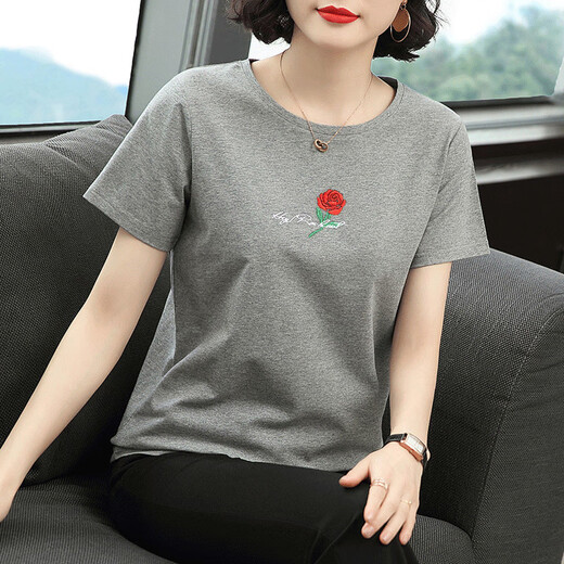 
RongXITU (RONGXITU) Middle-aged mother's short-sleeved shirt for women in the sky loose large size black round neck pullover old lady covering her belly 6628# short-sleeved black rose 3XL [Suggested 140-155 Jin [Jin equals 0.5 kg]]